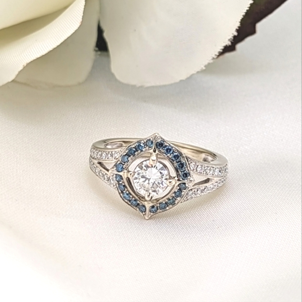 Amazing Blue Halo Diamond Ring 14K White Gold ~1-1/2 CTS.